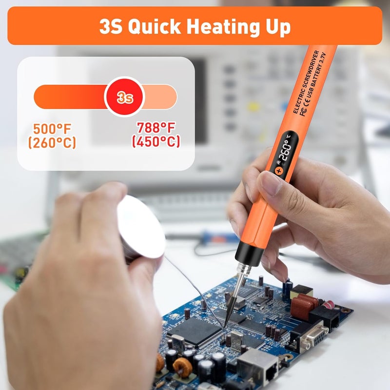 Qyvorae Mini Cordless Soldering Iron Kit, USB Rechargeable Portable Cordless Soldering Iron, LCD Digital Adjustable Temperature Thermostatic Soldering Gun for Home Appliance Repair, DIY-Orange - Image 4